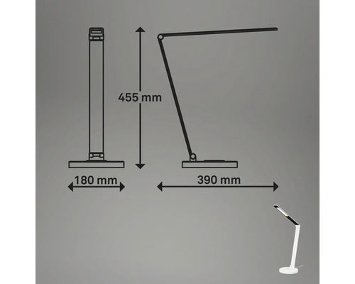 Technische Zeichnung einer Schreibtischleuchte mit Abmessungen.