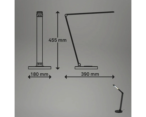 Technische Zeichnung einer Schreibtischleuchte mit Maßangaben