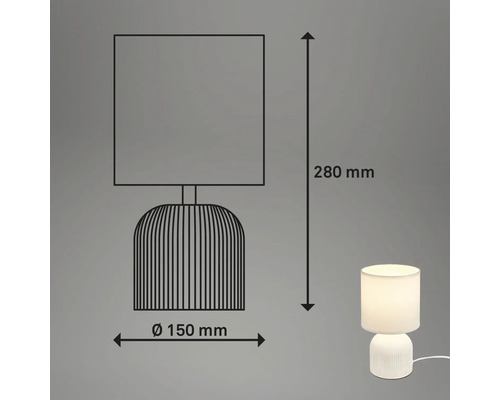 Skizze einer Tischleuchte mit den Maßen 280 mm Höhe und 150 mm Durchmesser