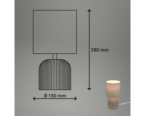Abbildung einer Tischleuchte mit Maßangaben: Höhe 280 mm, Durchmesser 150 mm