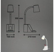 Technische Zeichnung einer Schreibtischleuchte mit den Maßen 355 mm Höhe, 100 mm Breite und 210 mm Tiefe.