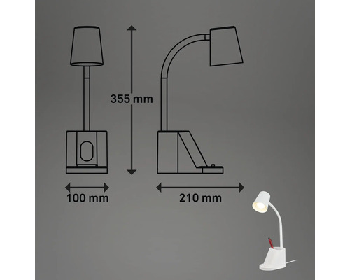 Technische Zeichnung einer Schreibtischleuchte mit den Maßen 355 mm Höhe, 100 mm Breite und 210 mm Tiefe.