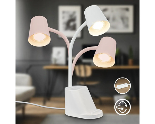 Schreibtischleuchte mit drei Armen und verschiedenen Lichtquellen