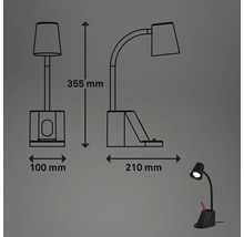 Abbildung einer Schreibtischlampe mit den Maßen 355 mm Höhe, 100 mm Breite und 210 mm Tiefe