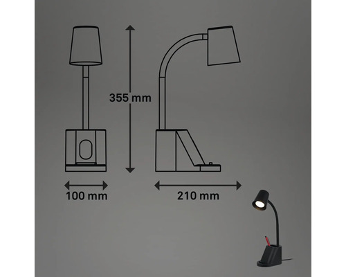 Abbildung einer Schreibtischlampe mit den Maßen 355 mm Höhe, 100 mm Breite und 210 mm Tiefe