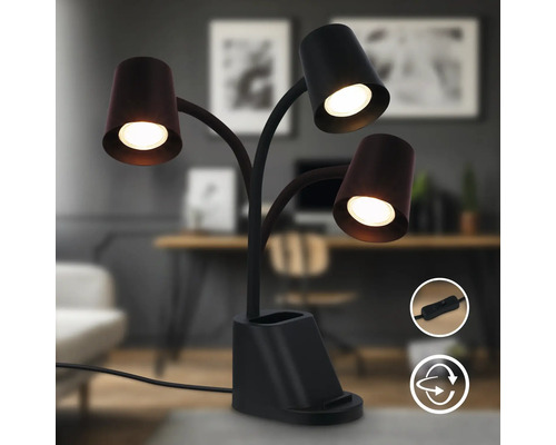 Schreibtischleuchte mit drei Leuchtenarmen und integrierter Aufbewahrung