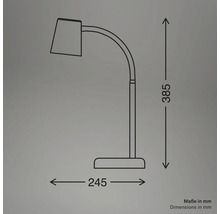 Technische Zeichnung einer Tischleuchte mit den Maßen 385 mm Höhe und 245 mm Breite.