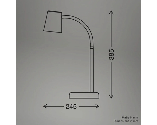 Technische Zeichnung einer Tischleuchte mit den Maßen 385 mm Höhe und 245 mm Breite.