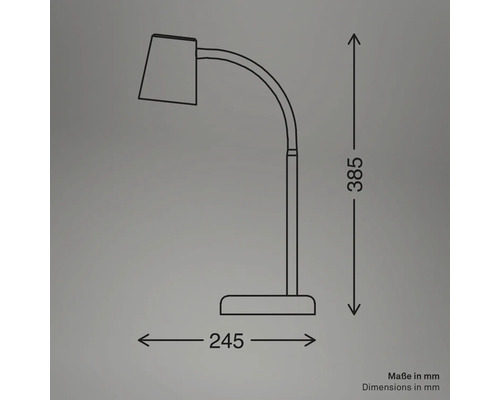 Skizze einer Tischleuchte mit den Maßangaben 385 mm Höhe und 245 mm Breite.