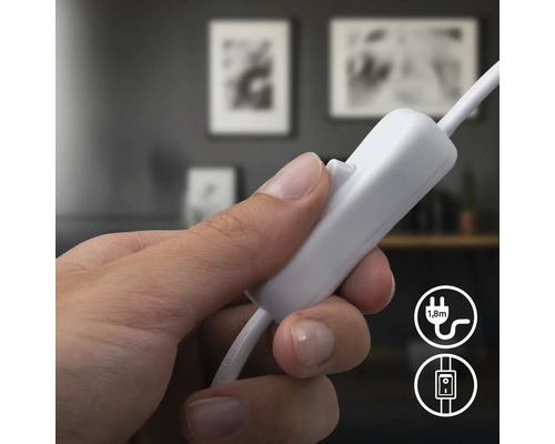 Hand bedient einen Schalter am Kabel. Symbol: Kabellänge 1,8 Meter. Symbol: Ein- und Ausschalter.