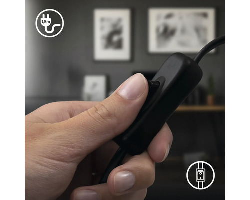 Hand betätigt Schalter einer Lampe. Symbol für Schalter. Symbol für Kabellänge 1,5 Meter.