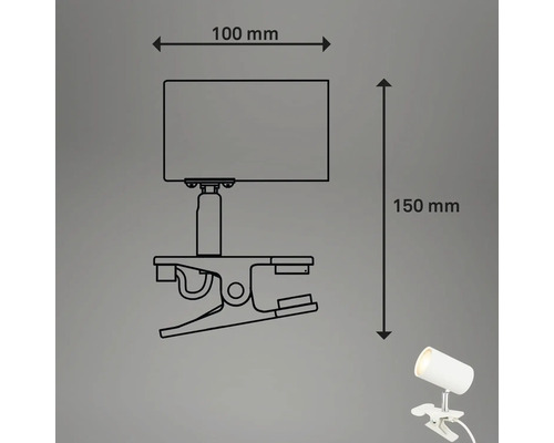 Technische Zeichnung einer Klemmleuchte mit den Maßen 100 mm und 150 mm.