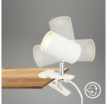 Weisse Klemmleuchte mit verstellbarem Lampenkopf und Drehsymbol