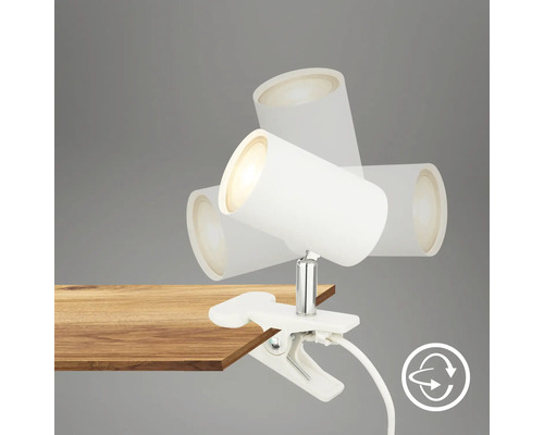 Weisse Klemmleuchte mit verstellbarem Lampenkopf und Drehsymbol