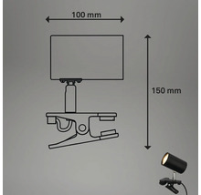 Skizze einer Klemmleuchte mit den Maßen 100 mm und 150 mm.