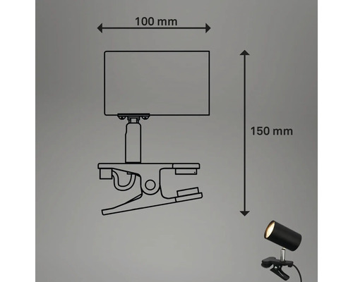 Skizze einer Klemmleuchte mit den Maßen 100 mm und 150 mm.