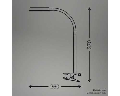 Technische Zeichnung einer Klemmleuchte mit den Maßen 370 mm Höhe und 260 mm Ausladung.