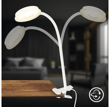 Klemmleuchte mit drei Armen und LED-Leuchten an einem Tisch