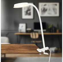 Weisse Klemmleuchte auf einem Holztisch, geeignet für Arbeitsbereiche