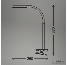 Technische Zeichnung einer Klemmleuchte mit den Maßen 370 mm Höhe und 260 mm Ausladung.