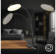 Klemmleuchte mit drei Armen und runden Lampenschirmen an einem Schreibtisch