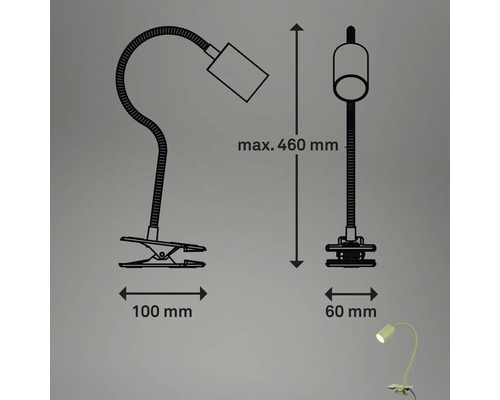 Skizze einer Klemmleuchte mit den Maßen 100 mm Breite der Klemme, 60 mm Durchmesser des Lampenkopfes und maximal 460 mm Höhe