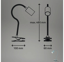 Technische Zeichnung einer Klemmleuchte mit den Maßen 100 mm, 60 mm und maximal 460 mm