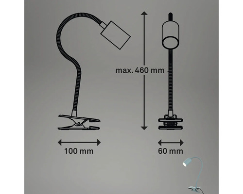 Technische Zeichnung einer Klemmleuchte mit den Maßen 100 mm, 60 mm und maximal 460 mm