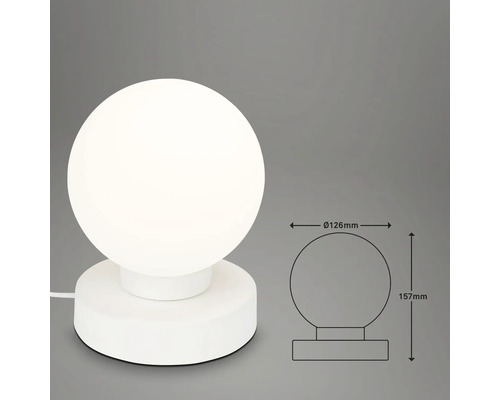 Tischleuchte mit Kugelform und Maßangaben.