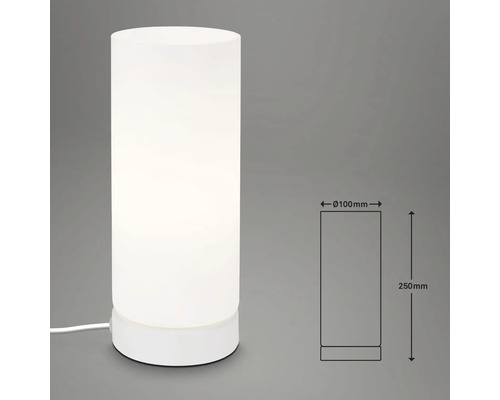 Zylindrische Tischleuchte mit den Massen 250 mm Höhe und 100 mm Durchmesser.