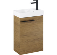 Meuble-lavabo avec meuble sous-vasque, lavabo, robinetterie et décor bois
