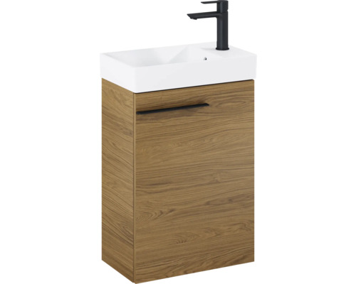 Meuble-lavabo avec meuble sous-vasque, lavabo, robinetterie et décor bois
