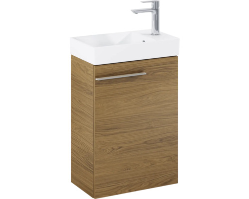 Meuble-lavabo avec armoire inférieure à aspect bois et lavabo à poser