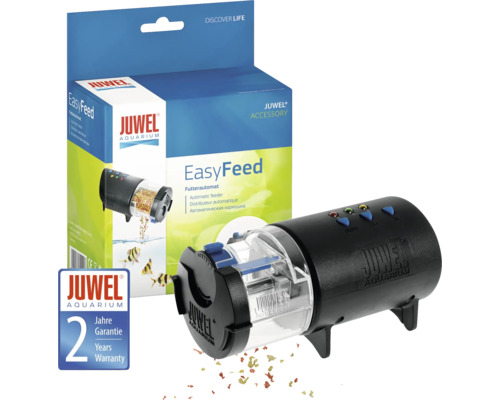 Distributeur automatique de nourriture Juwel EasyFeed pour aquariums avec le logo Juwel et une garantie de deux ans
