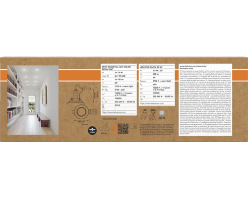 Produktverpackung für LED-Lampen von Ledvance mit technischen Daten und Anwendungsbeispielen