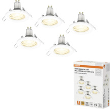 Fünf LED Einbaustrahler und eine Verpackung des Osram Spot Essential Sets