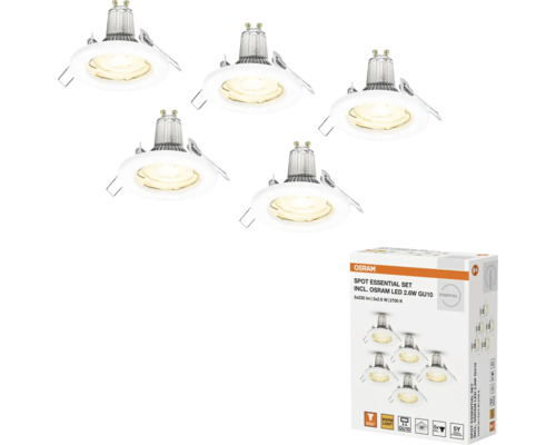 Fünf LED Einbaustrahler und eine Verpackung des Osram Spot Essential Sets