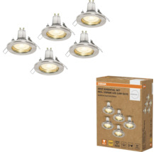 Set aus fünf Einbaustrahlern inklusive LED-Lampen von Osram in einer Verpackung.