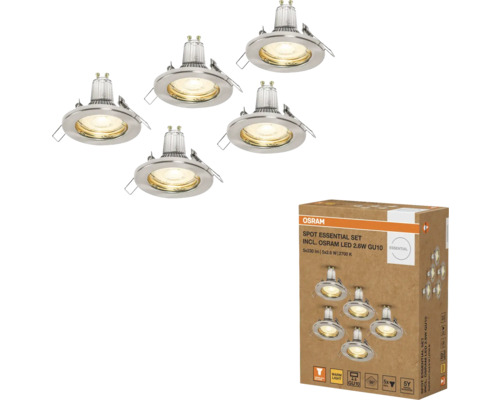 Set aus fünf Einbaustrahlern inklusive LED-Lampen von Osram in einer Verpackung.