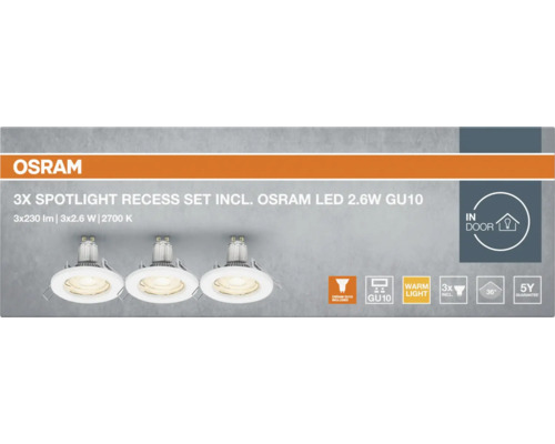 Osram 3er Set Einbaustrahler mit Osram LED 2,6W GU10