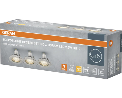 Emballage d'un lot de 3 spots encastrables Osram avec LED Osram 2,6W GU10