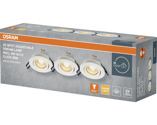 Verpackung mit drei verstellbaren Osram Spots für den Innenbereich inklusive sechs Watt GU10 Leuchtmittel
