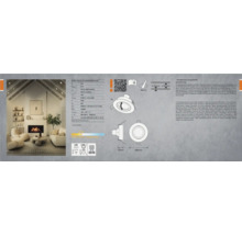 Abbildung einer LED-Leuchte mit technischen Details und Wohnraumbeispiel