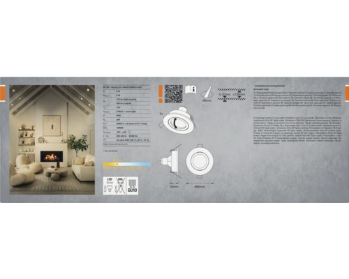 Abbildung einer LED-Leuchte mit technischen Details und Wohnraumbeispiel