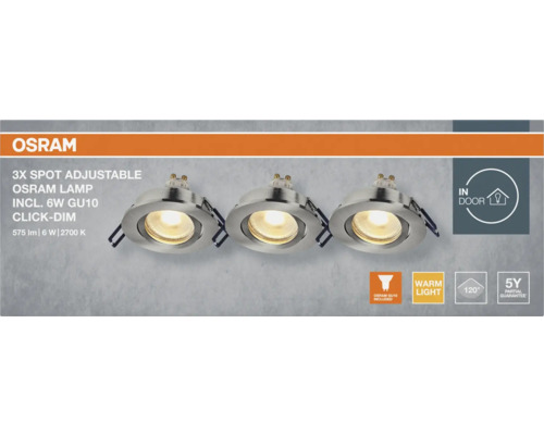 Drei justierbare Osram Spots mit je sechs Watt GU10 Leuchtmittel inklusive