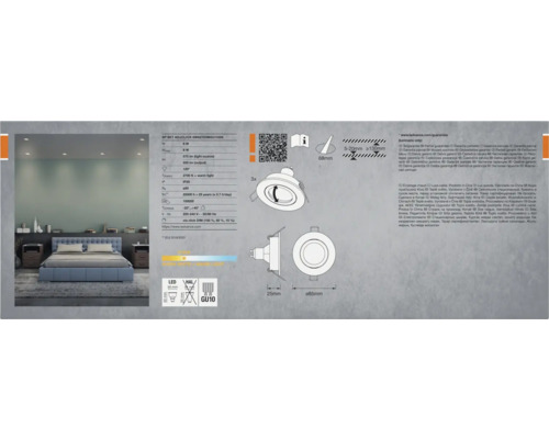 Produktinformationen für LED-Einbaustrahler mit technischen Details und Maßangaben