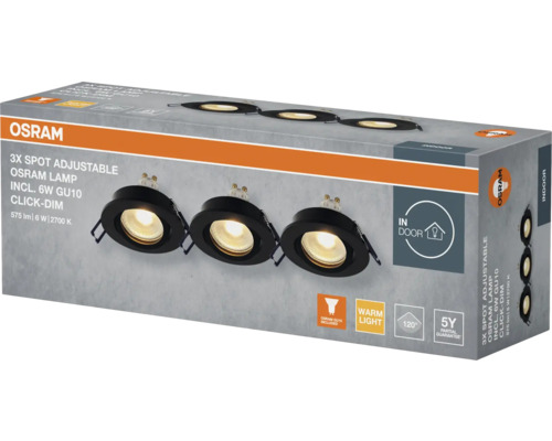 Verpackung einer Osram Lampe mit drei verstellbaren Spots inklusive sechs Watt GU10 Leuchtmittel für den Innenbereich