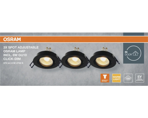 Drei justierbare Osram Spots mit 6 Watt GU10 Leuchtmittel für den Innenbereich
