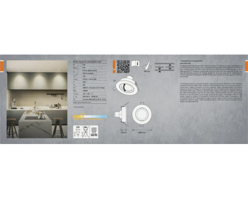 Technische Zeichnung einer LED-Einbauleuchte mit Produktinformationen.