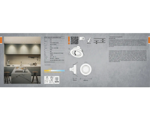 Verpackung eines LED-Leuchtmittel-Sets mit technischen Details und Anwendungsbeispielen für den Hornbach Webshop